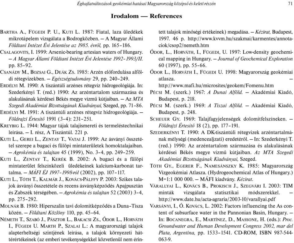 A Magyar Állami Földtani Intézet Évi Jelentése 1992 1993/II. pp. 85 92. CSANÁDY M., BOZSAI G., DEÁK ZS. 1985: Arzén előfordulása alföldi rétegvizekben. Egészségtudomány 29, pp. 240 249. ERDÉLYI M.