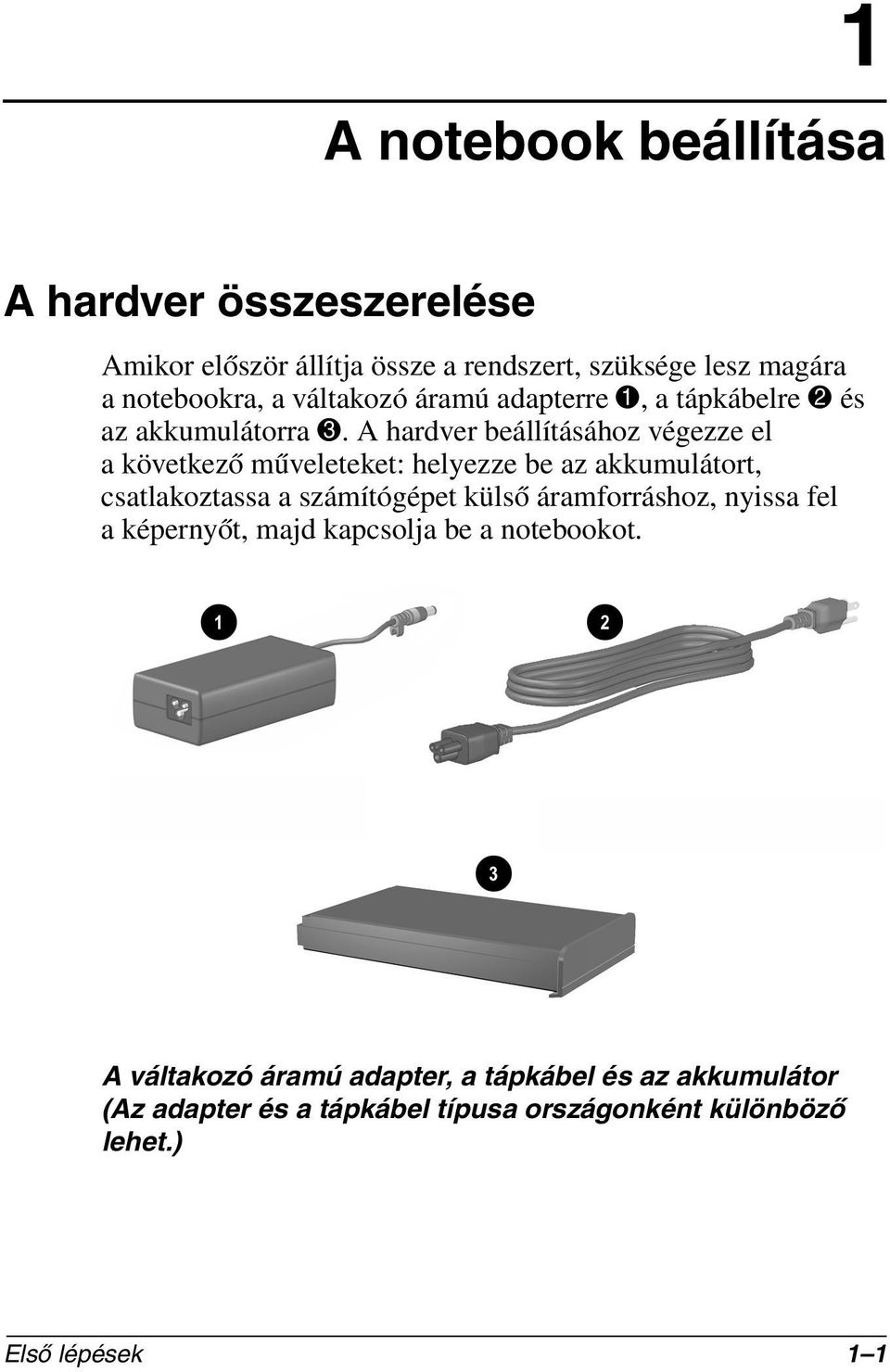 A hardver beállításához végezze el a következő műveleteket: helyezze be az akkumulátort, csatlakoztassa a számítógépet külső