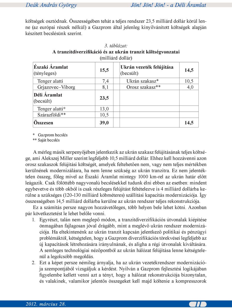 Északi Áramlat (tényleges) * Gazprom becslés ** Saját becslés 3.