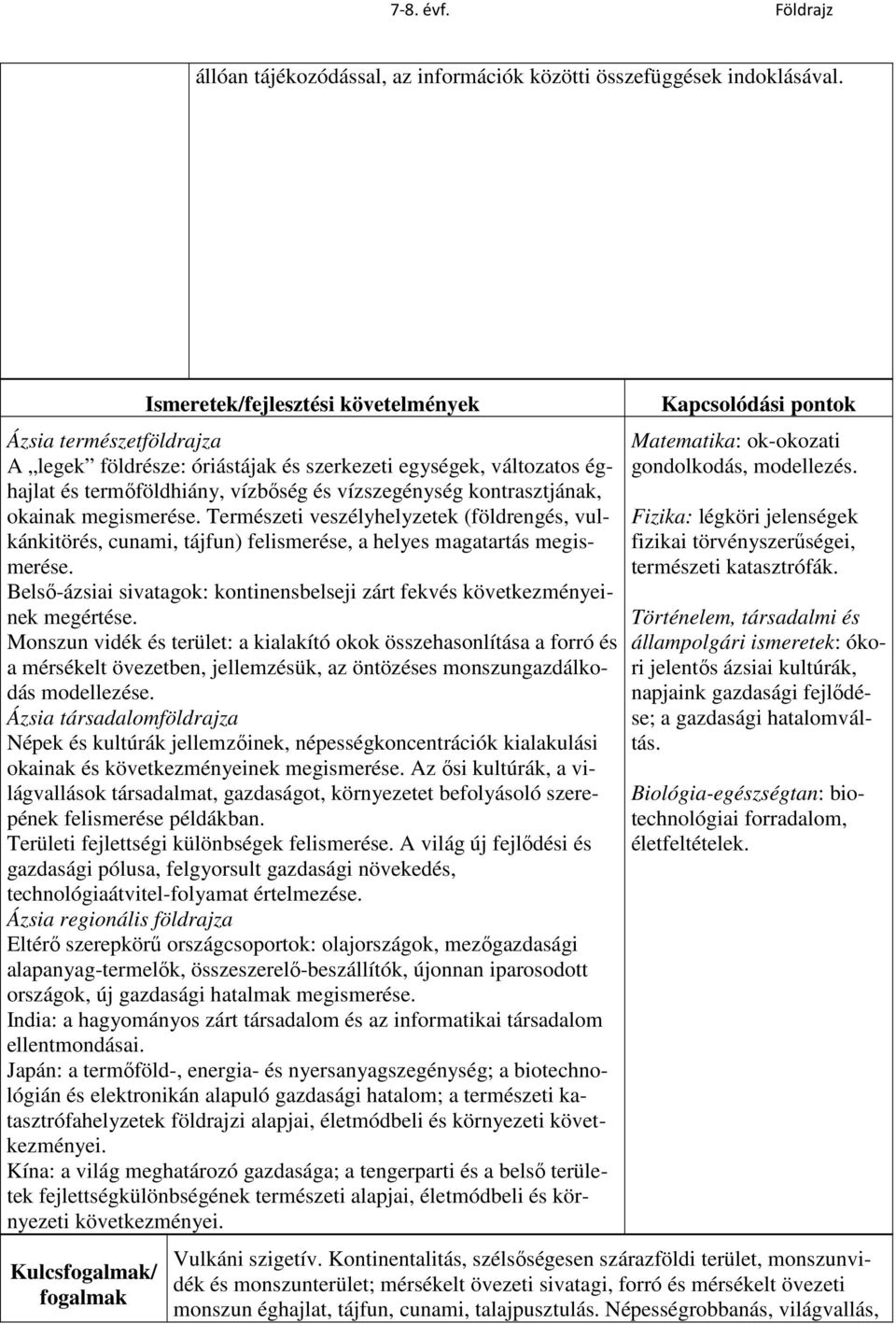 Természeti veszélyhelyzetek (földrengés, vulkánkitörés, cunami, tájfun) felismerése, a helyes magatartás megismerése. Belső-ázsiai sivatagok: kontinensbelseji zárt fekvés következményeinek megértése.