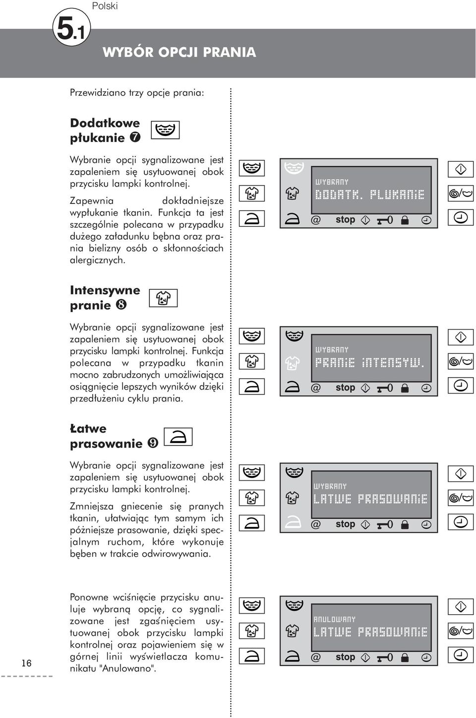 plukanie Intensywne pranie ❽ Wybranie opcji sygnalizowane jest zapaleniem si usytuowanej obok przycisku lampki kontrolnej.