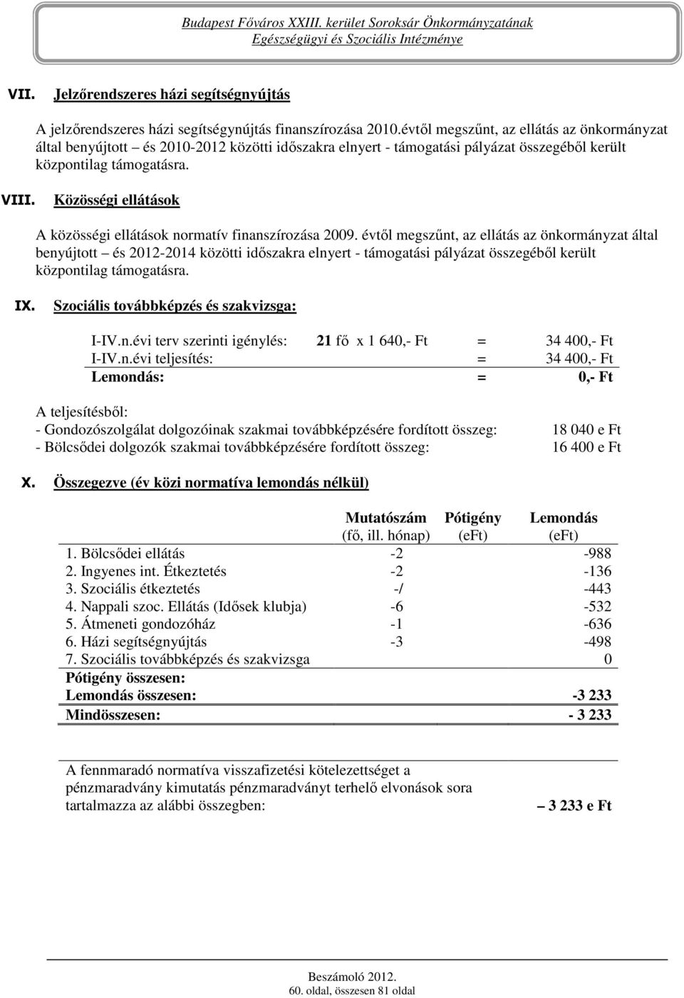 Közösségi ellátások A közösségi ellátások normatív finanszírozása 2009.