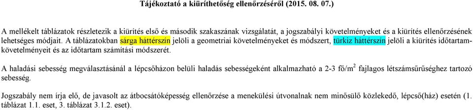 A táblázatokban sárga háttérszín jelöli a geometriai követelményeket módszert, türkiz háttérszín jelöli a kiürít időtartamkövetelményeit az időtartam számítási módszerét.