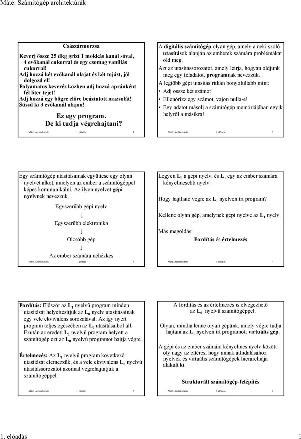Máté: Architektúrák 1. előadás 1 A digitális számítógép olyan gép, amely a neki szóló utasítások alapján az emberek számára problémákat old meg.