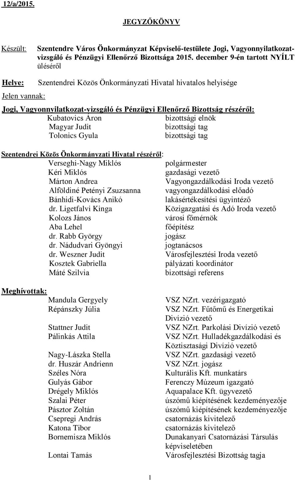 Kubatovics Áron bizottsági elnök Magyar Judit bizottsági tag Tolonics Gyula bizottsági tag Szentendrei Közös Önkormányzati Hivatal részéről: Kéri gazdasági vezető Márton Andrea Vagyongazdálkodási