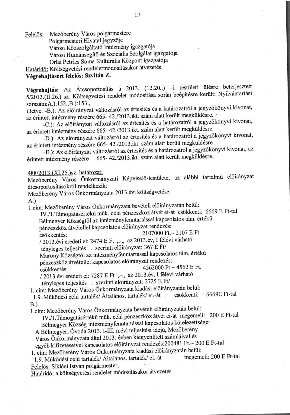 ): Az előirányzat változásról az értesítés és a határozatról a jegyzőkönyvi kivonat, az érintett intézmény részére 665-42./201 3.ikt. szám alatt került megküldésre. -C.