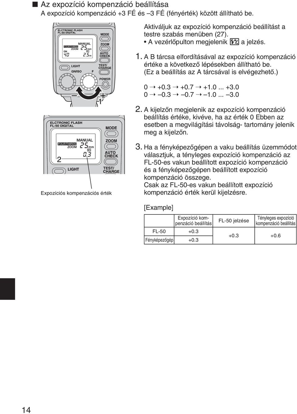 0 0 0.3 0.7 1.0... 3.0 2. A kijelzœn megjelenik az expozíció kompenzáció beállítás értéke, kivéve, ha az érték 0 Ebben az esetben a megvilágítási távolság- tartomány jelenik meg a kijelzœn.