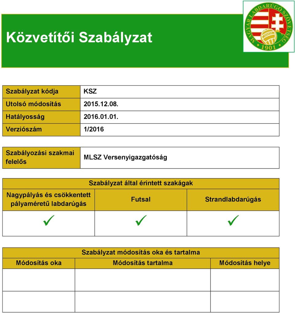 .01.01. Verziószám 1/2016 Szabályozási szakmai felelős MLSZ Versenyigazgatóság