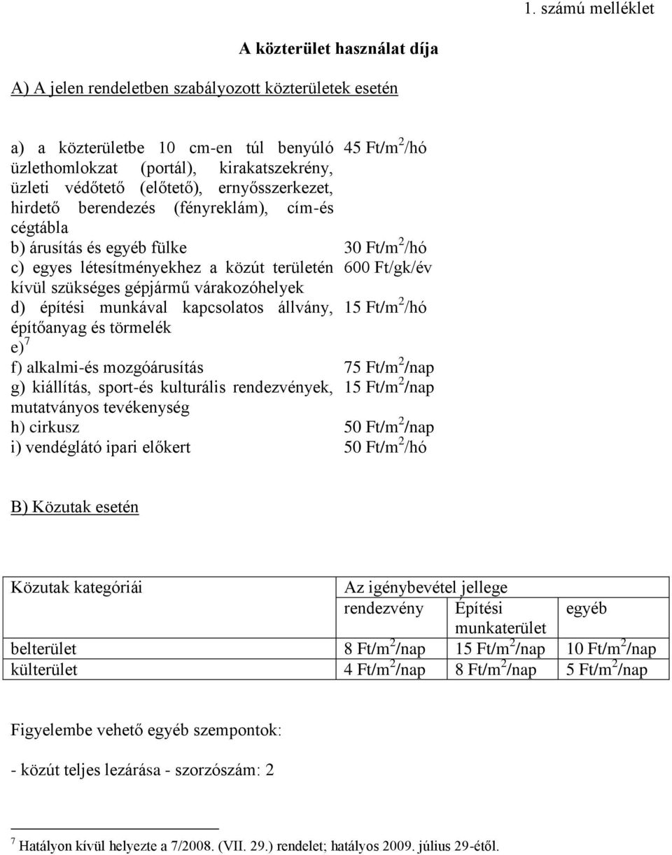 szükséges gépjármű várakozóhelyek d) építési munkával kapcsolatos állvány, 15 Ft/m 2 /hó építőanyag és törmelék e) 7 f) alkalmi-és mozgóárusítás 75 Ft/m 2 /nap g) kiállítás, sport-és kulturális