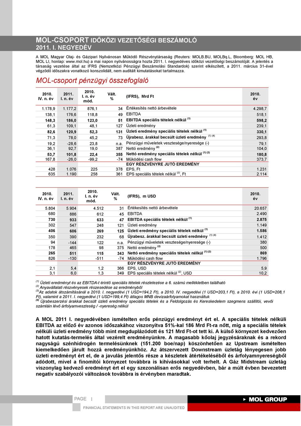 A jelentés a társaság vezetése által az IFRS (Nemzetközi Pénzügyi Beszámolási Standardok) szerint elkészített, a március 31-el végződő időszakra vonatkozó konszolidált, nem auditált kimutatásokat