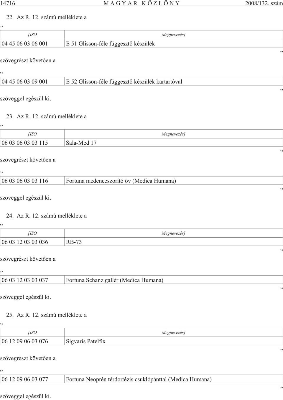 23. Az R. 12. szá mú mel lék le te a 06 03 06 03 03 115 Sa la-med 17 06 03 06 03 03 116 For tu na me den ce szo rí tó öv (Me di ca Humana) 24. Az R. 12. szá mú mel lék le te a 06 03 12 03 03 036 RB-73 06 03 12 03 03 037 For tu na Schanz gal lér (Me di ca Hu ma na) 25.