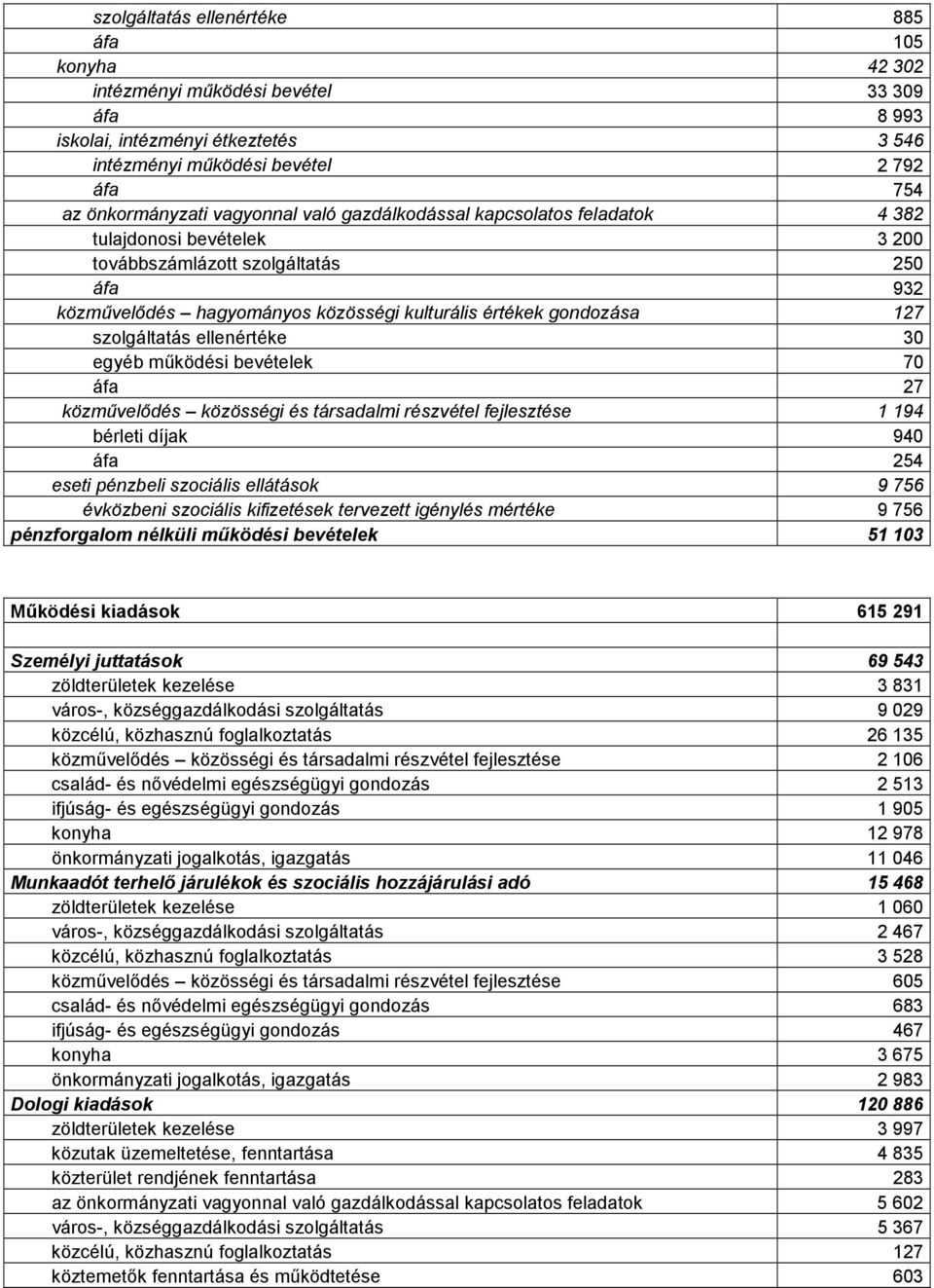 szolgáltatás ellenértéke 30 egyéb működési bevételek 70 áfa 27 közművelődés közösségi és társadalmi részvétel fejlesztése 1 194 bérleti díjak 940 áfa 254 eseti pénzbeli szociális ellátások 9 756