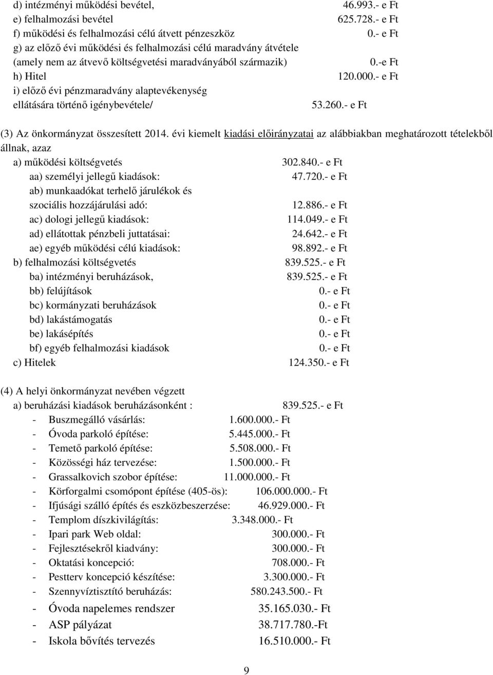 -e Ft h) Hitel 120.00 i) előző évi pénzmaradvány alaptevékenység ellátására történő igénybevétele/ 53.26 (3) Az önkormányzat összesített 2014.