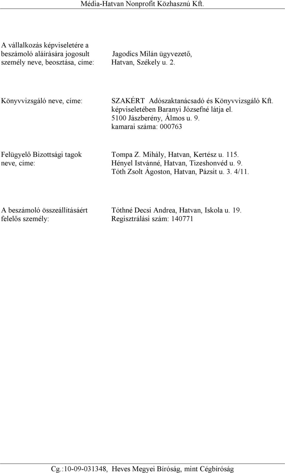 kamarai száma: 000763 Felügyelő Bizottsági tagok Tompa Z. Mihály, Hatvan, Kertész u. 115. neve, címe: Hényel Istvánné, Hatvan, Tizeshonvéd u. 9.