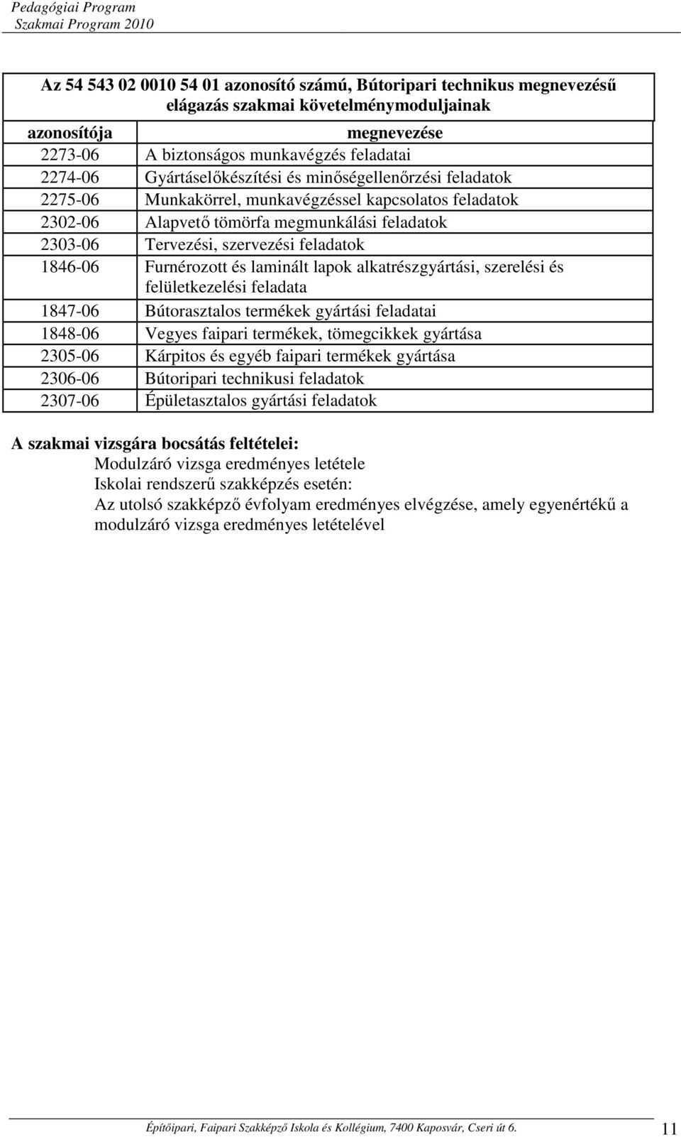 1846-06 Furnérozott és laminált lapok alkatrészgyártási, szerelési és felületkezelési feladata 1847-06 Bútorasztalos termékek gyártási feladatai 1848-06 Vegyes faipari termékek, tömegcikkek gyártása