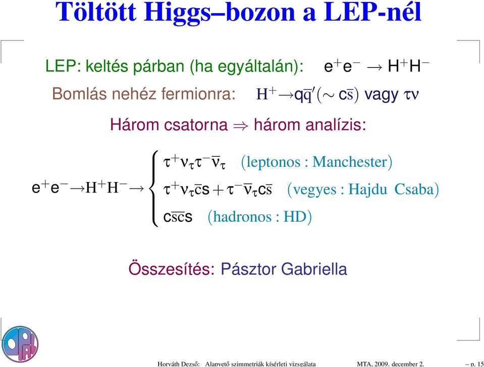 + e H + H H + qq ( cs) vagy τν Három csatorna három analízis: τ + ν τ τ ν τ (leptonos :