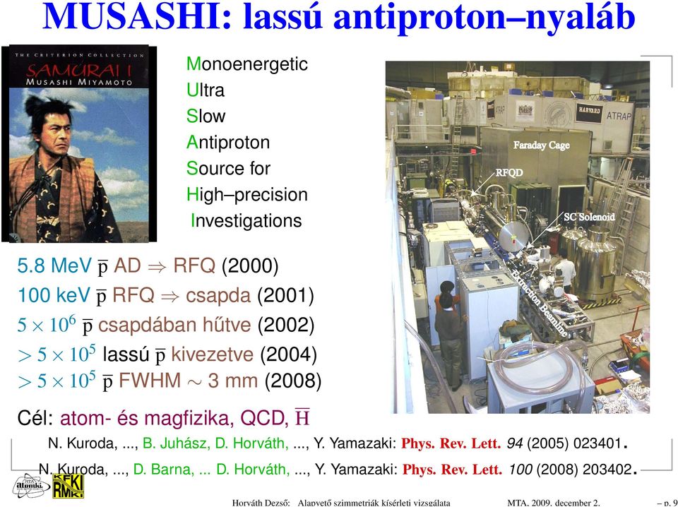 8 MeV p AD RFQ (2000) 100 kev p RFQ csapda (2001) 5 10 6 p csapdában hűtve (2002) > 5 10 5 lassú p kivezetve (2004) > 5 10 5 p FWHM 3 mm