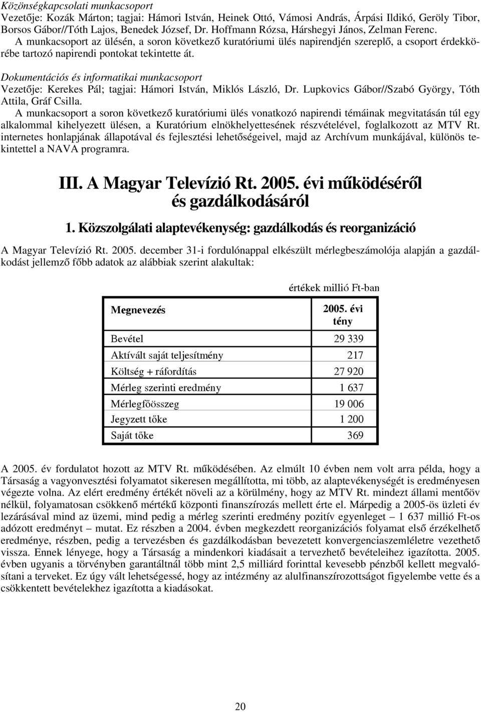 Dokumentációs és informatikai munkacsoport Vezetője: Kerekes Pál; tagjai: Hámori István, Miklós László, Dr. Lupkovics Gábor//Szabó György, Tóth Attila, Gráf Csilla.