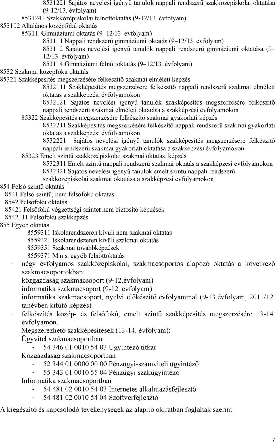 évfolyam) 853112 Sajátos nevelési igényű tanulók nappali rendszerű gimnáziumi oktatása (9 12/13. évfolyam) 853114 Gimnáziumi felnőttoktatás (9 12/13.