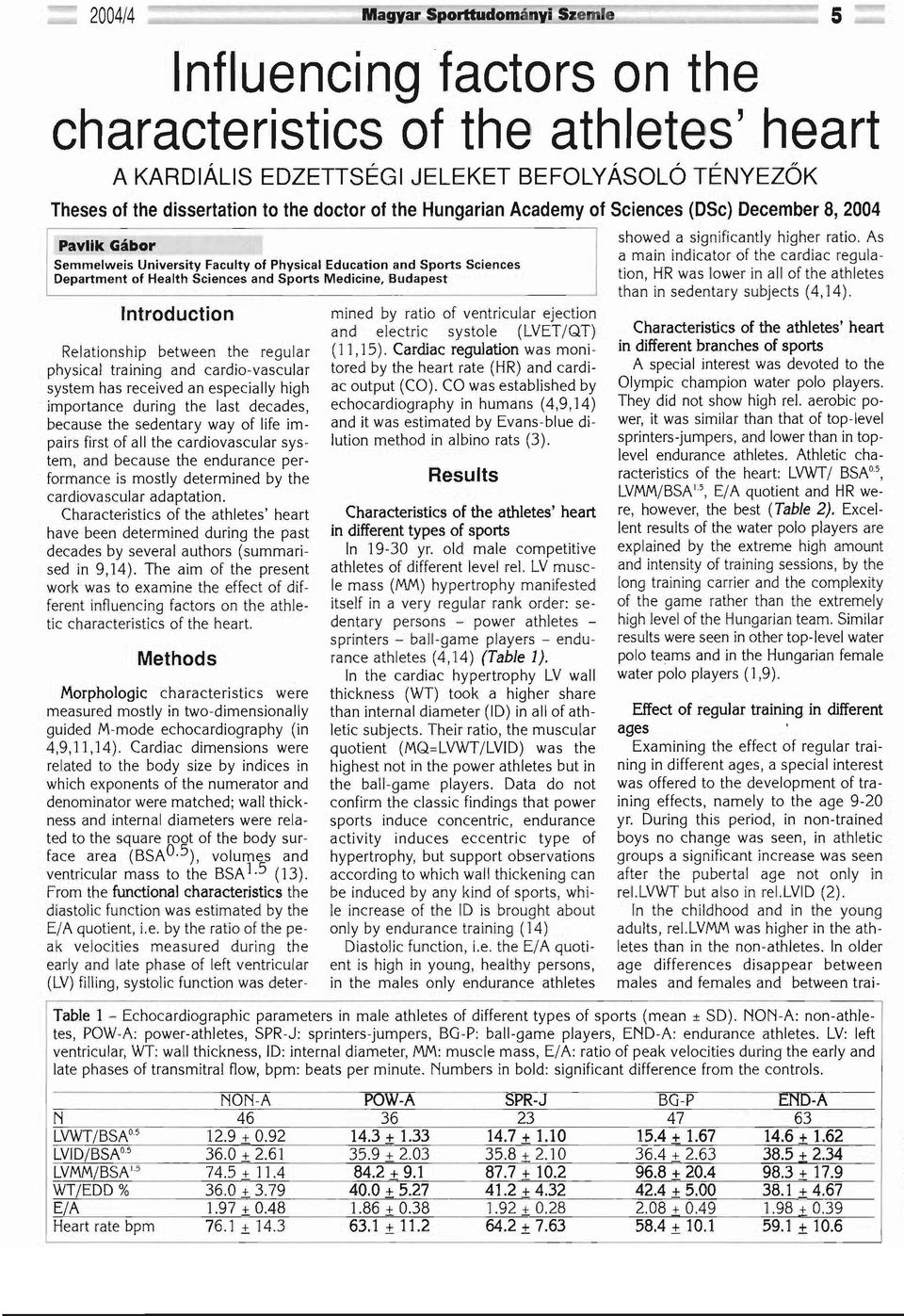 between the regular physical training and cardio-vascular system has received an especially high importance during the last decades, because the sedentary way of life impairs first of ali the