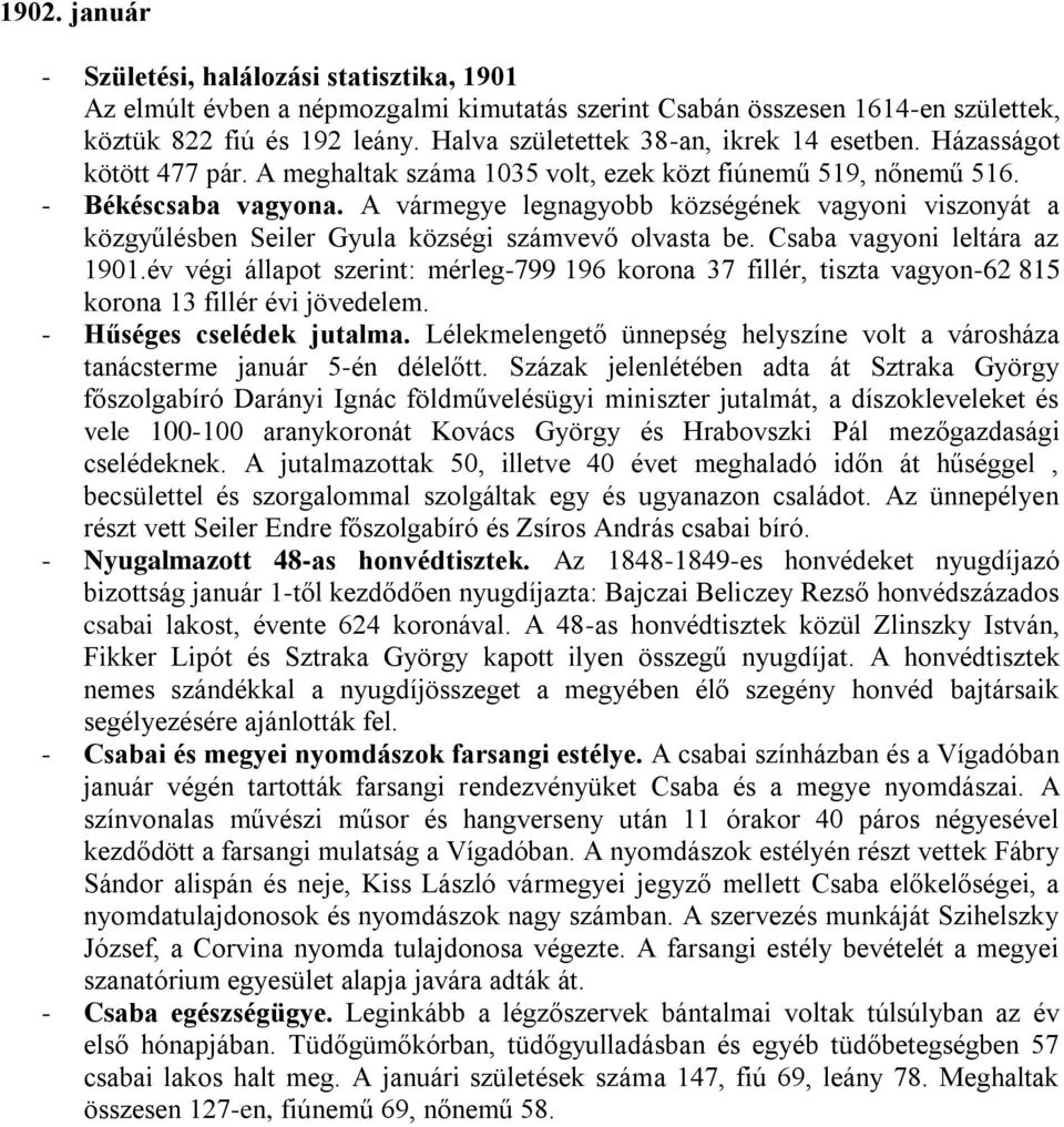 A vármegye legnagyobb községének vagyoni viszonyát a közgyűlésben Seiler Gyula községi számvevő olvasta be. Csaba vagyoni leltára az 1901.