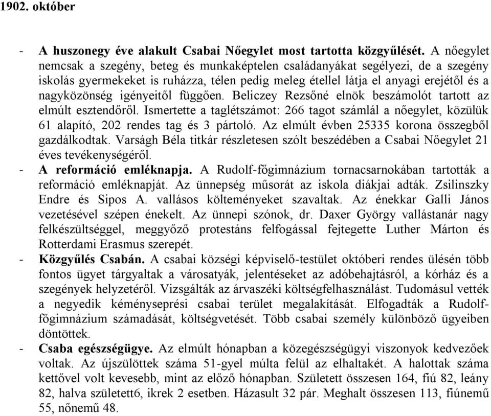 igényeitől függően. Beliczey Rezsőné elnök beszámolót tartott az elmúlt esztendőről. Ismertette a taglétszámot: 266 tagot számlál a nőegylet, közülük 61 alapító, 202 rendes tag és 3 pártoló.