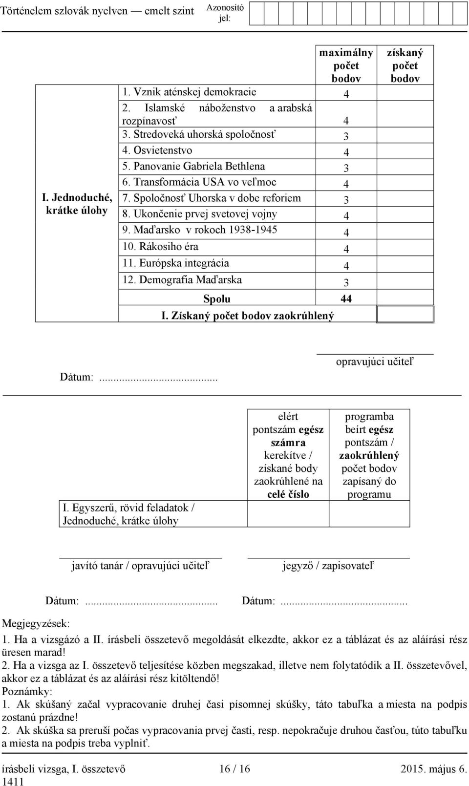 Európska integrácia 4 12. Demografia Maďarska 3 Spolu 44 I.