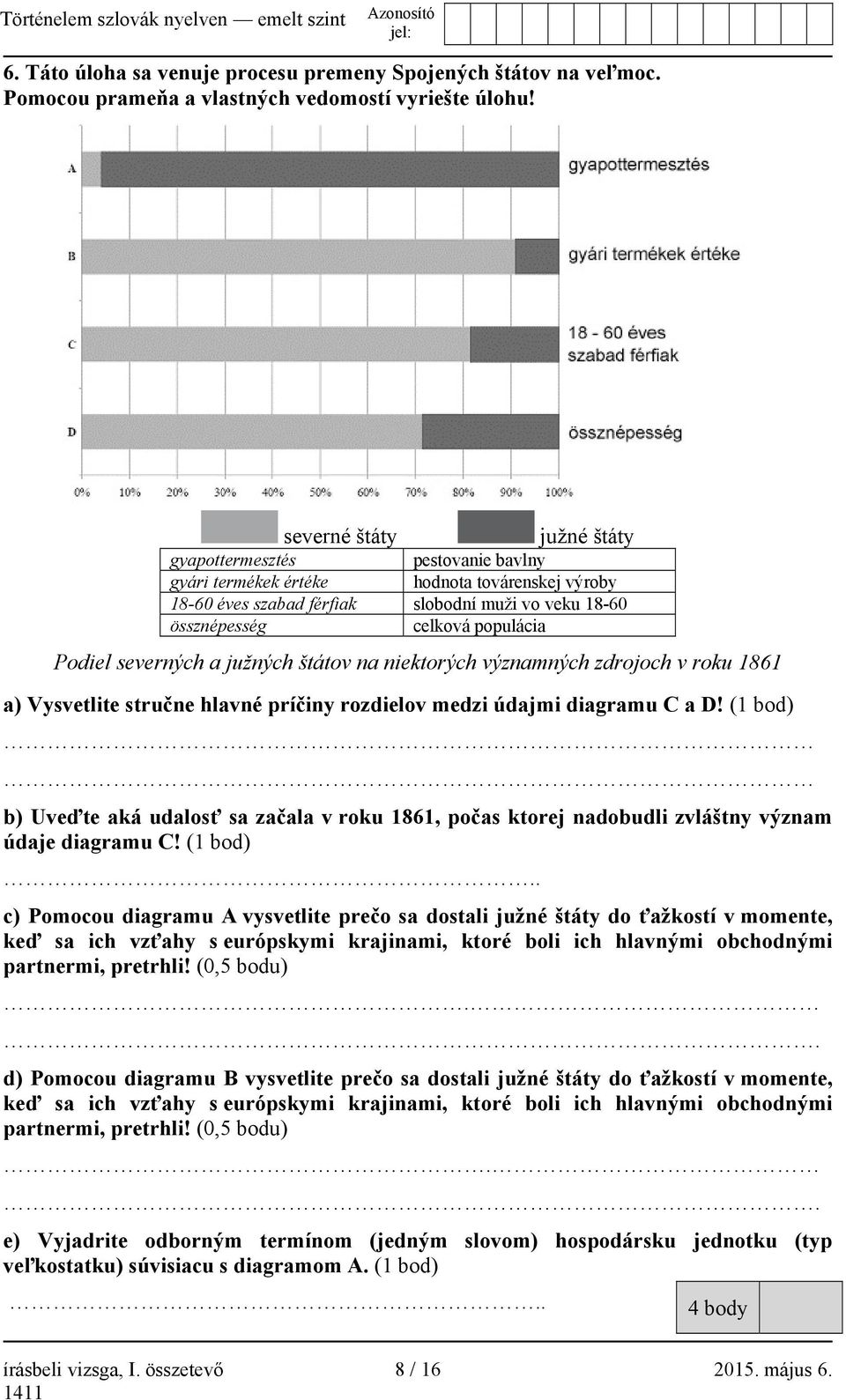 Podiel severných a južných štátov na niektorých významných zdrojoch v roku 1861 a) Vysvetlite stručne hlavné príčiny rozdielov medzi údajmi diagramu C a D!