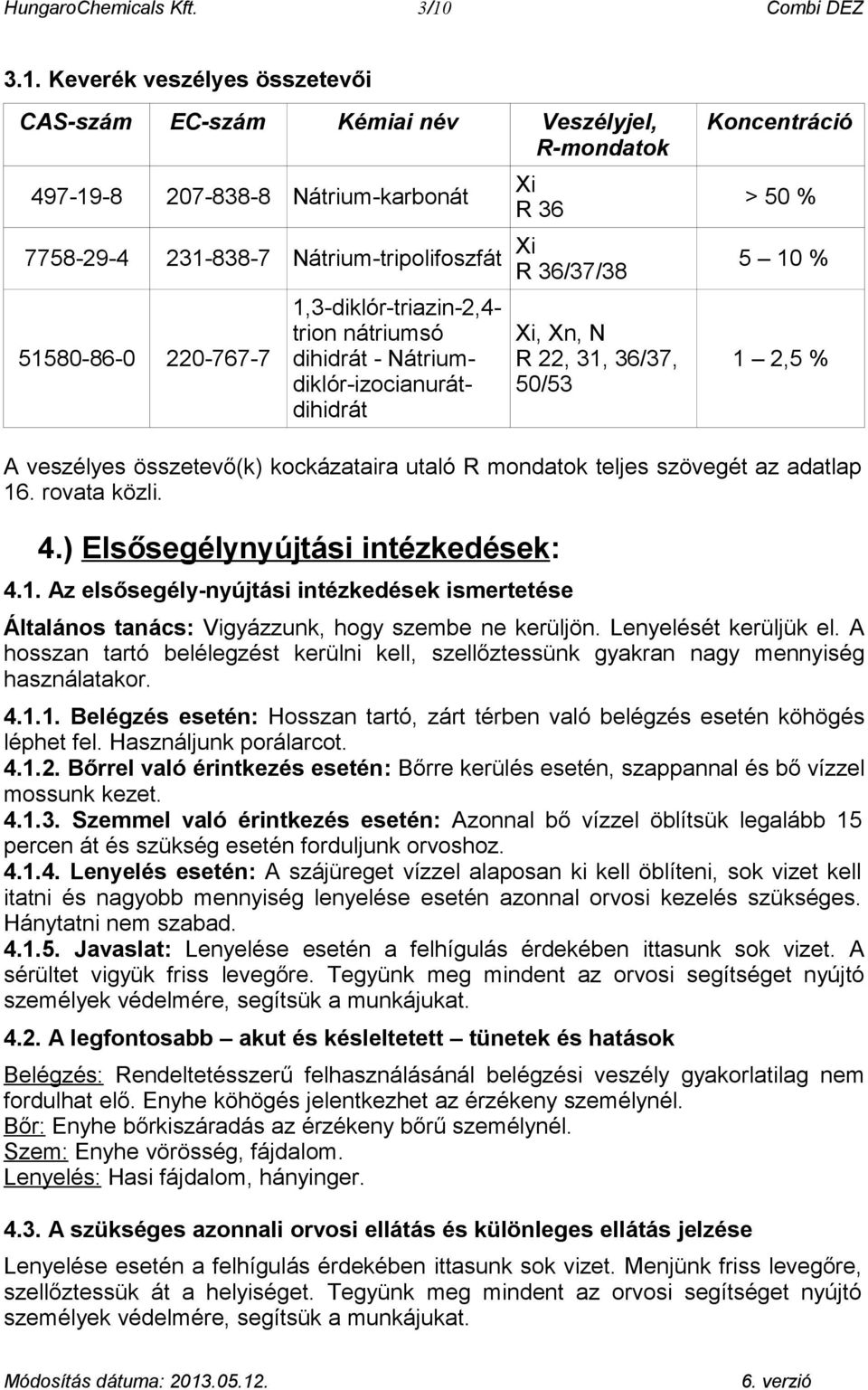 Keverék veszélyes összetevői CAS-szám EC-szám Kémiai név Veszélyjel, R-mondatok 497-19-8 207-838-8 Nátrium-karbonát 7758-29-4 231-838-7 Nátrium-tripolifoszfát 51580-86-0 220-767-7