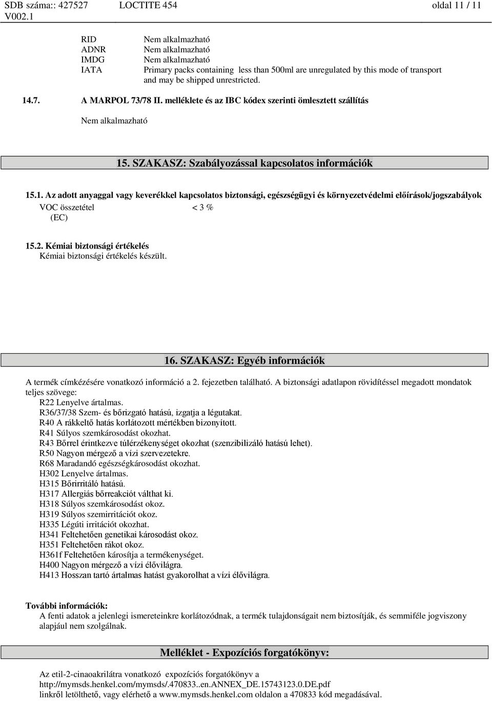 . SZAKASZ: Szabályozással kapcsolatos információk 15.1. Az adott anyaggal vagy keverékkel kapcsolatos biztonsági, egészségügyi és környezetvédelmi előírások/jogszabályok VOC összetétel < 3 % (EC) 15.