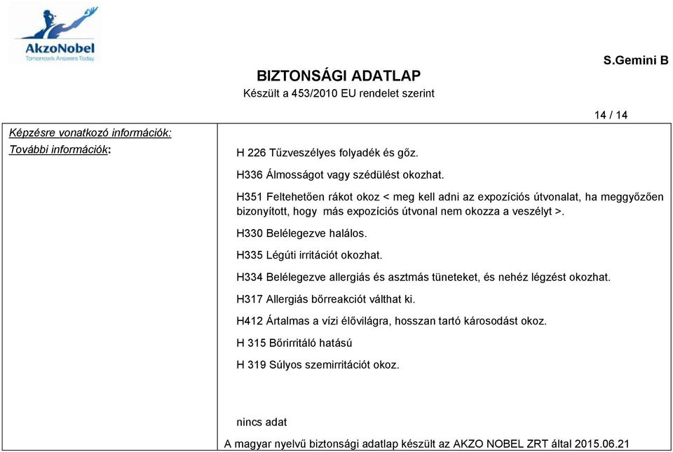 H330 Belélegezve halálos. H335 Légúti irritációt okozhat. H334 Belélegezve allergiás és asztmás tüneteket, és nehéz légzést okozhat.