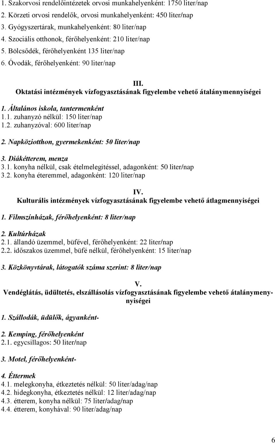 Oktatási intézmények vízfogyasztásának figyelembe vehető átalánymennyiségei 1. Általános iskola, tantermenként 1.1. zuhanyzó nélkül: 150 liter/nap 1.2. zuhanyzóval: 600 liter/nap 2.