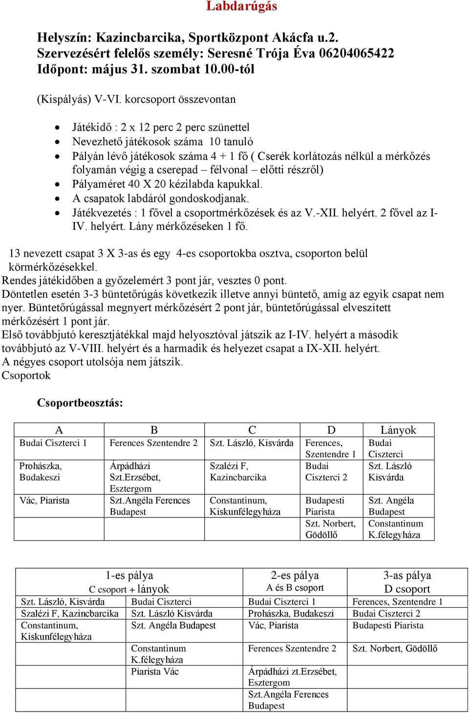 félvonal előtti részről) Pályaméret 40 X 20 kézilabda kapukkal. A csapatok labdáról gondoskodjanak. Játékvezetés : 1 fővel a csoportmérkőzések és az V.-XII. helyért. 2 fővel az I- IV. helyért. Lány mérkőzéseken 1 fő.