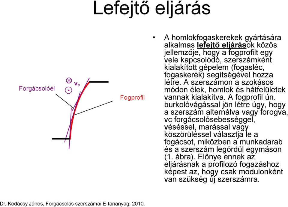 burkolóvágással jön létre úgy, hogy a szerszám alternálva vagy forogva, vc forgácsolósebességgel, véséssel, marással vagy köszörüléssel választja le a fogácsot, miközben a