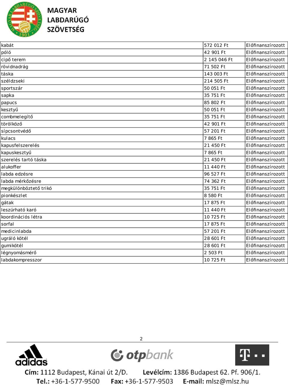 Előfinanszírozott törölköző 42 901 Ft Előfinanszírozott sípcsontvédő 57 201 Ft Előfinanszírozott kulacs 7 865 Ft Előfinanszírozott kapusfelszerelés 21 450 Ft Előfinanszírozott kapuskesztyű 7 865 Ft