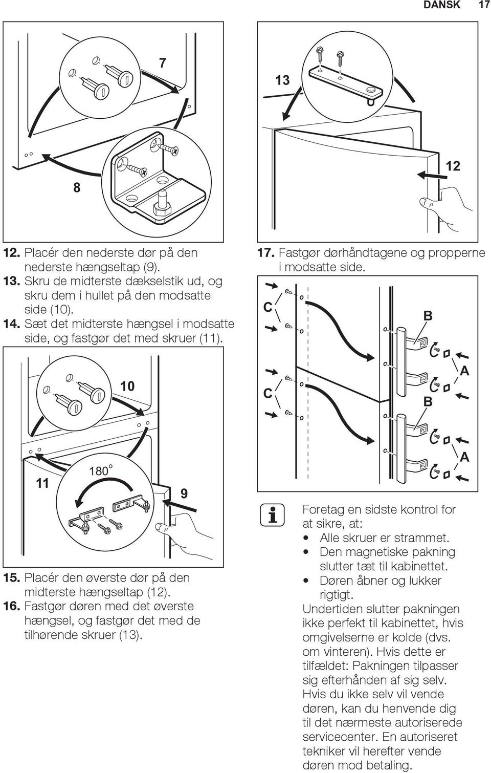 Placér den øverste dør på den midterste hængseltap (12). 16. Fastgør døren med det øverste hængsel, og fastgør det med de tilhørende skruer (13).