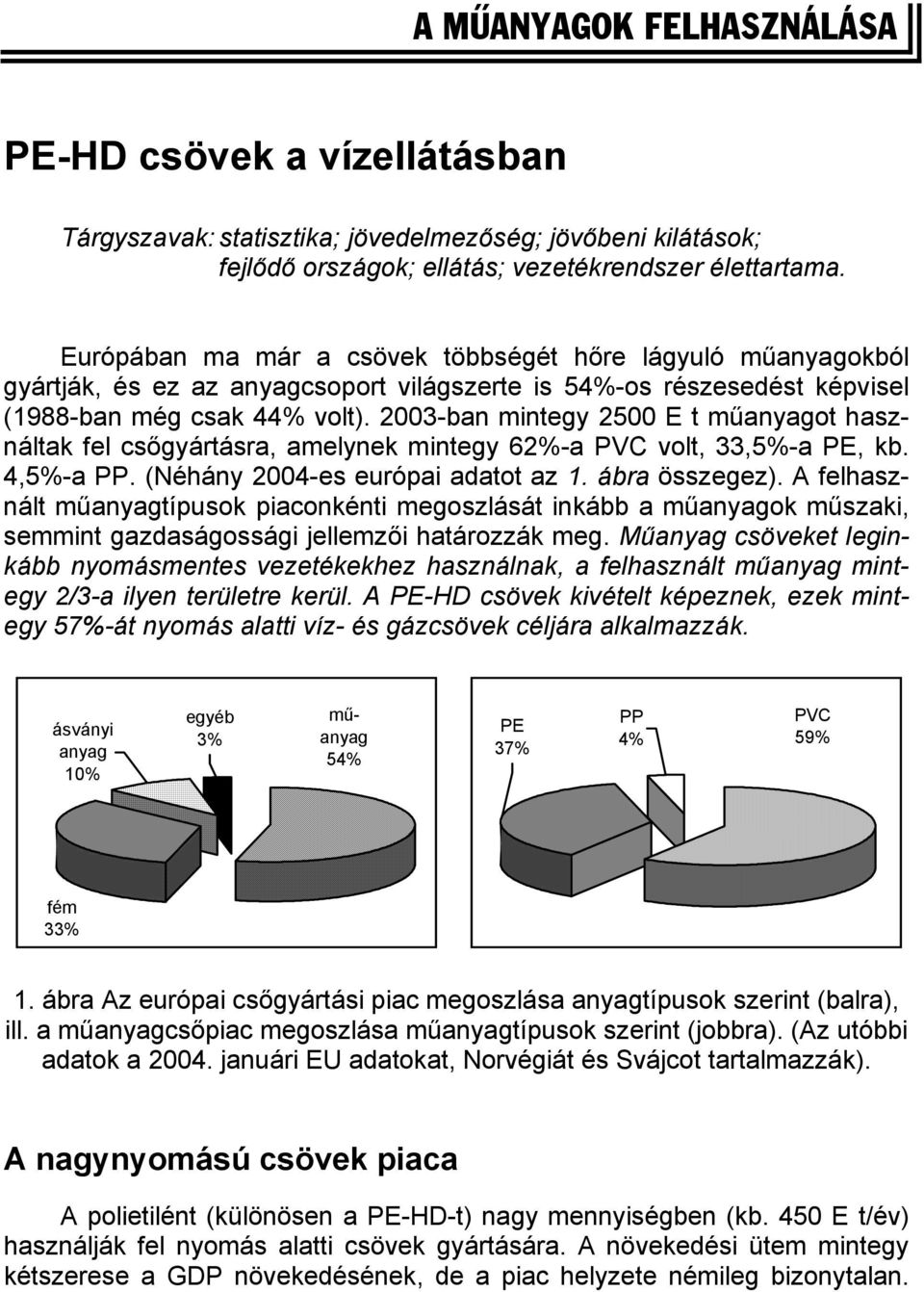 2003-ban mintegy 2500 E t műanyagot használtak fel csőgyártásra, amelynek mintegy 62%-a PVC volt, 33,5%-a PE, kb. 4,5%-a PP. (Néhány 2004-es európai adatot az 1. ábra összegez).