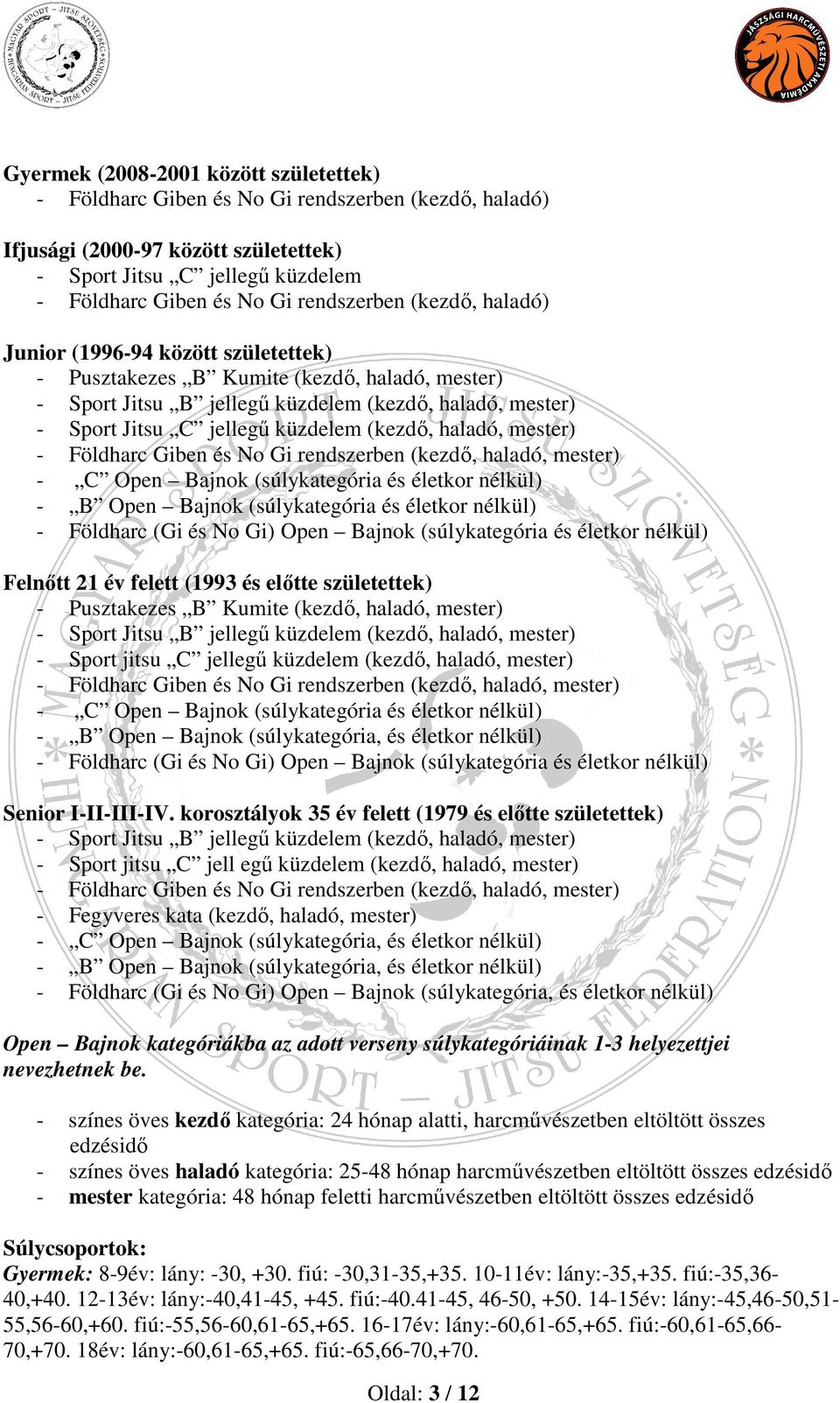 küzdelem (kezdő, haladó, mester) - Földharc Giben és No Gi rendszerben (kezdő, haladó, mester) - C Open Bajnok (súlykategória és életkor nélkül) - B Open Bajnok (súlykategória és életkor nélkül) -