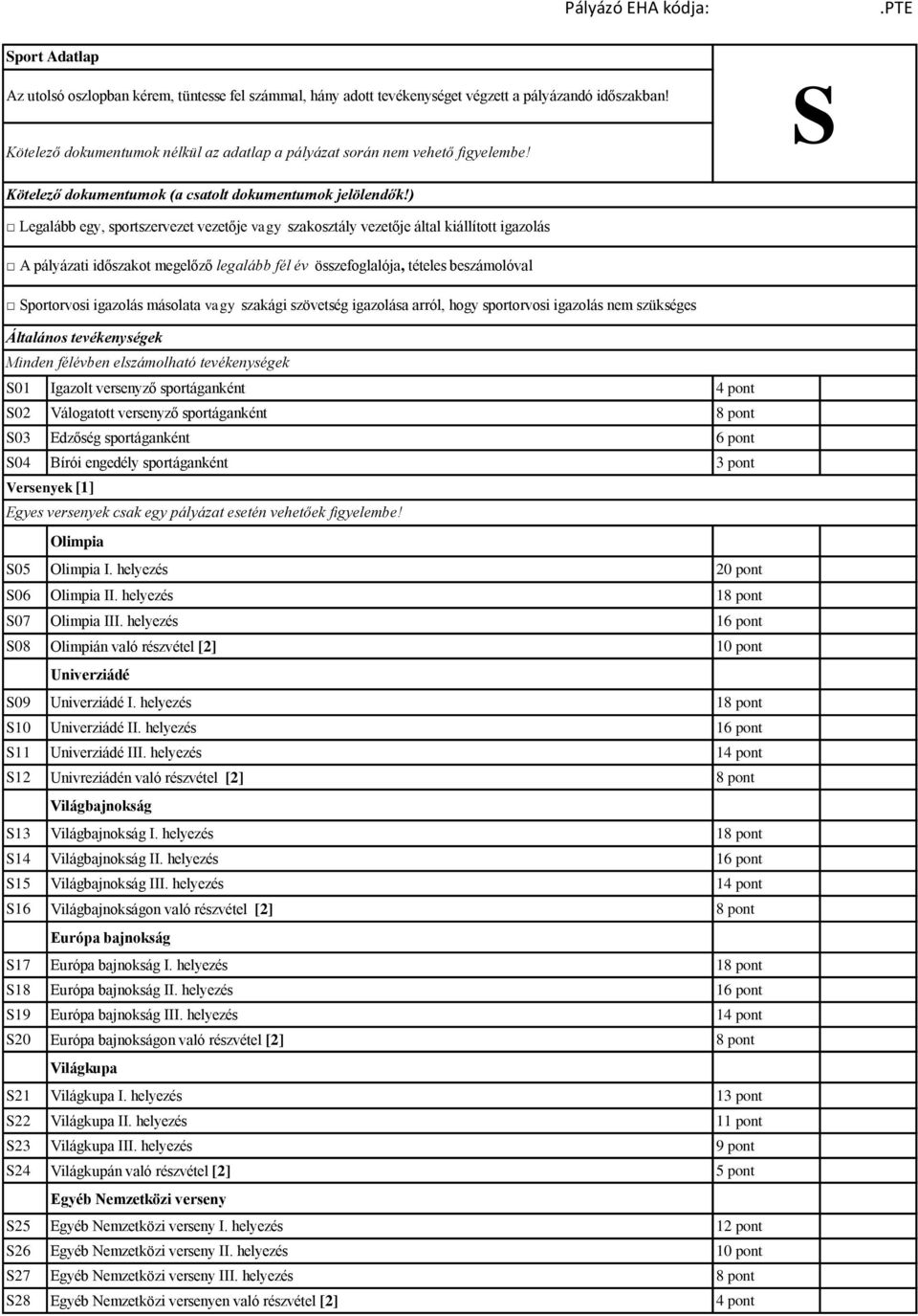 másolata vagy szakági szövetség igazolása arról, hogy sportorvosi igazolás nem szükséges S01 Igazolt versenyző sportáganként 4 pont S02 Válogatott versenyző sportáganként 8 pont S03 Edzőség