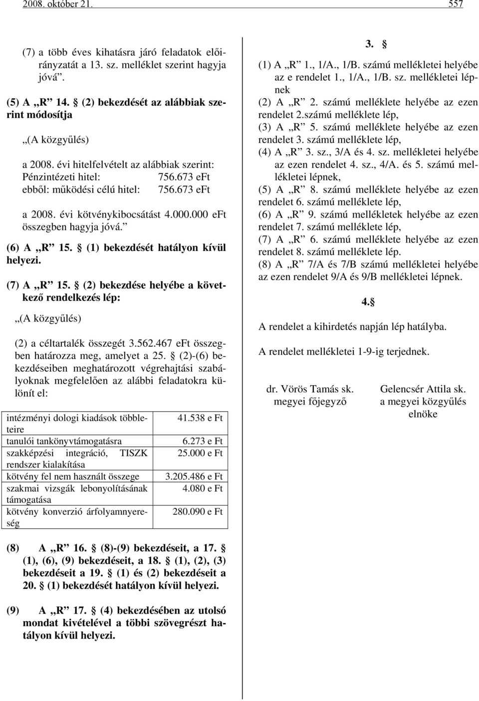 (1) bekezdését hatályon kívül helyezi. (7) A R 15. (2) bekezdése helyébe a következő rendelkezés lép: (A közgyűlés) (2) a céltartalék összegét 3.562.467 eft összegben határozza meg, amelyet a 25.