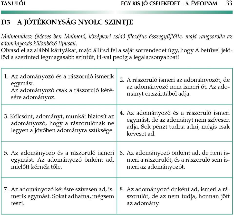 Olvasd el az alábbi kártyákat, majd állítsd fel a saját sorrendedet úgy, hogy A betűvel jelölöd a szerinted legmagasabb szintűt, H-val pedig a legalacsonyabbat! 1.