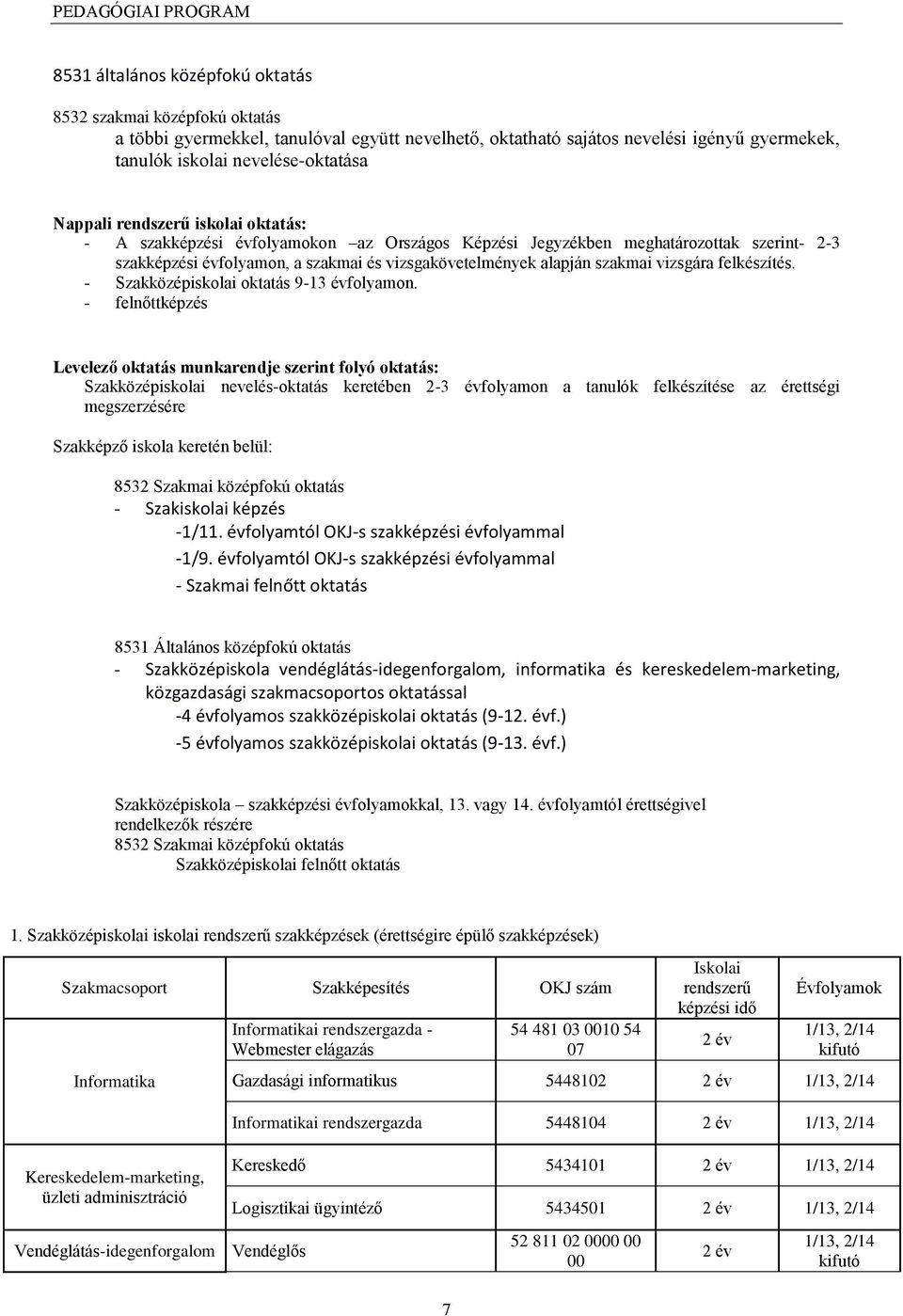 felkészítés. - Szakközépiskolai oktatás 9-13 évfolyamon.