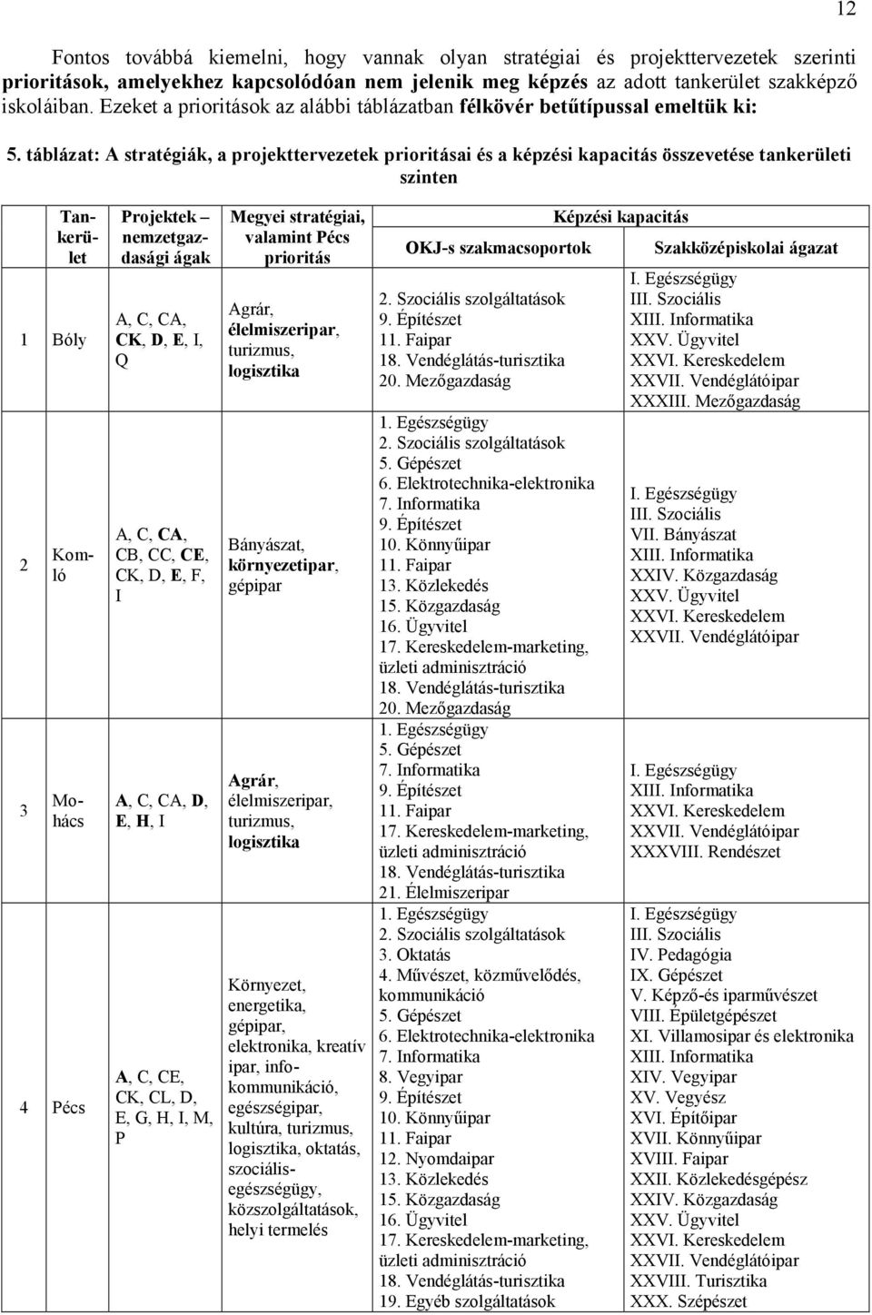 táblázat: A stratégiák, a projekttervezetek prioritásai és a képzési kapacitás összevetése tankerületi szinten 12 Tankerület 1 Bóly 2 3 Komló Mohács 4 Pécs Projektek nemzetgazdasági ágak A, C, CA,