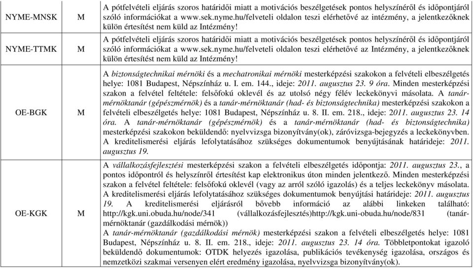 pótfelvételi eljárás szoros határidıi miatt a motivációs beszélgetések pontos helyszínérıl és idıpontjáról szóló információkat a www.sek.nyme.