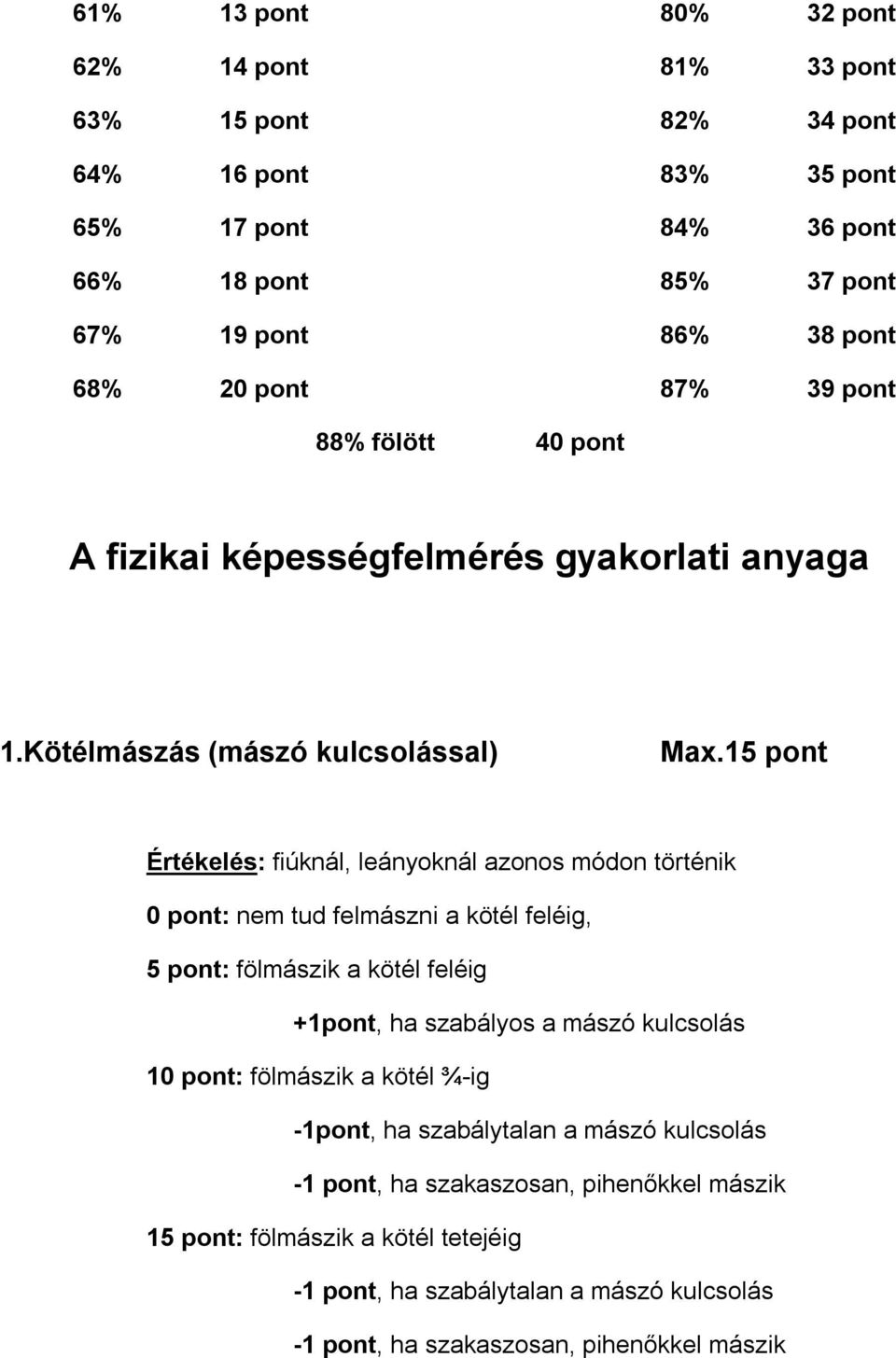 Kötélmászás (mászó kulcsolással) Értékelés: fiúknál, leányoknál azonos módon történik 0 pont: nem tud felmászni a kötél feléig, 5 pont: fölmászik a kötél feléig +1pont, ha