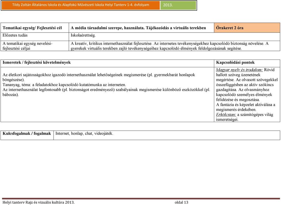 Az életkori sajátosságokhoz igazodó internethasználat lehetőségeinek megismerése (pl. gyermekbarát honlapok böngészése). Tananyag, téma: a feladatokhoz kapcsolódó kutatómunka az interneten.