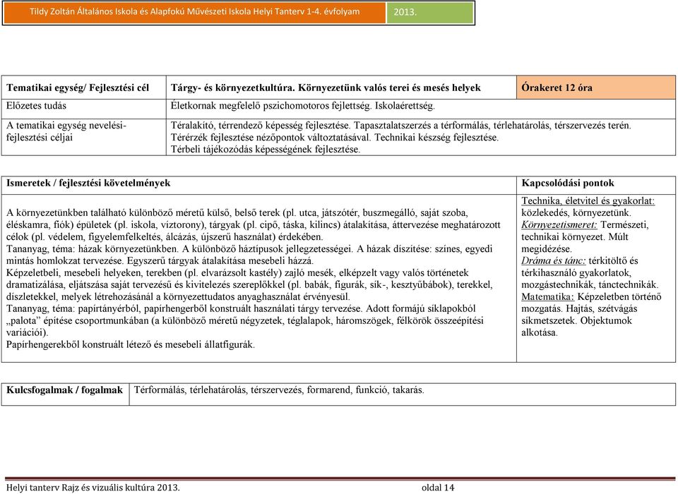 Térbeli tájékozódás képességének fejlesztése. A környezetünkben található különböző méretű külső, belső terek (pl. utca, játszótér, buszmegálló, saját szoba, éléskamra, fiók) épületek (pl.