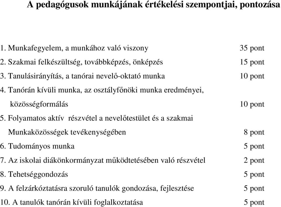 Tanórán kívüli munka, az osztályfınöki munka eredményei, közösségformálás 10 pont 5.