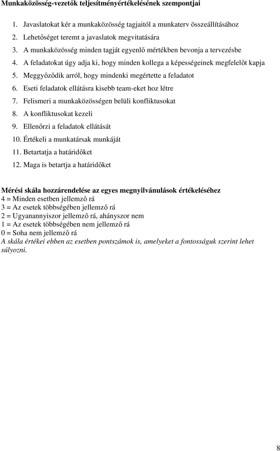 Meggyızıdik arról, hogy mindenki megértette a feladatot 6. Eseti feladatok ellátásra kisebb team-eket hoz létre 7. Felismeri a munkaközösségen belüli konfliktusokat 8. A konfliktusokat kezeli 9.