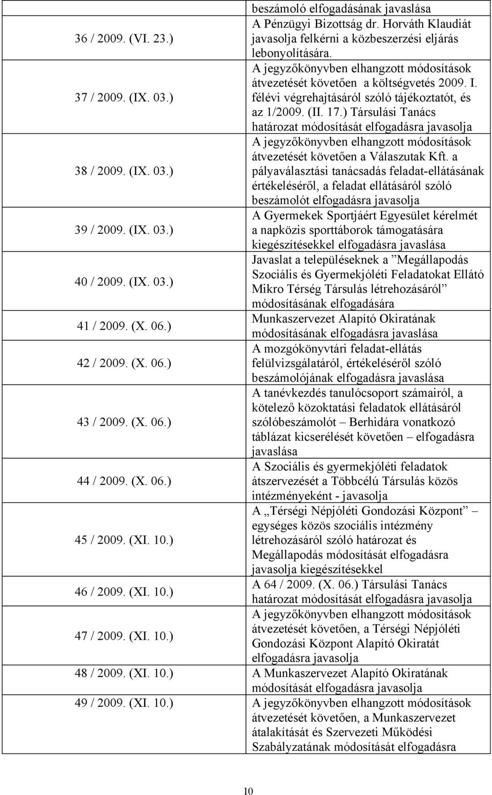 ) Társulási Tanács határozat módosítását elfogadásra javasolja A jegyzőkönyvben elhangzott módosítások átvezetését követően a Válaszutak Kft. a 38 / 2009. (IX. 03.